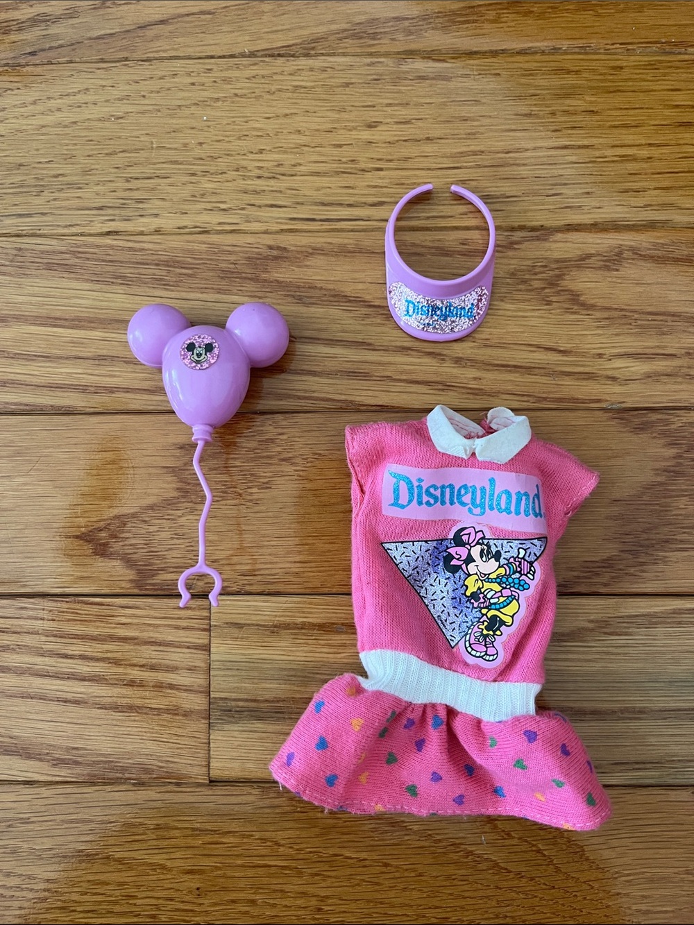 Vintage Barbie Disneyland Pink Minnie Mouse Dress with Matching Visor & Balloon
